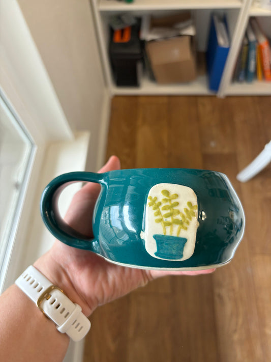 “Sprout” Teal Mug with Houseplants ~10oz