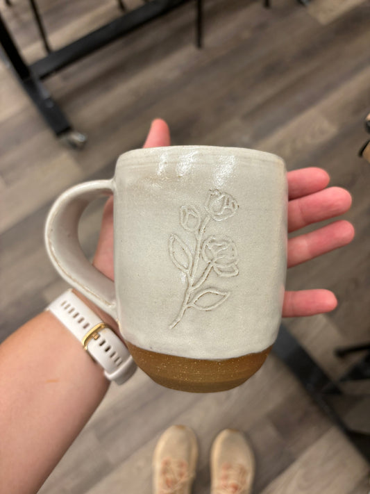 “Fleur” - Matte White Mug with Carved Florals ~15oz