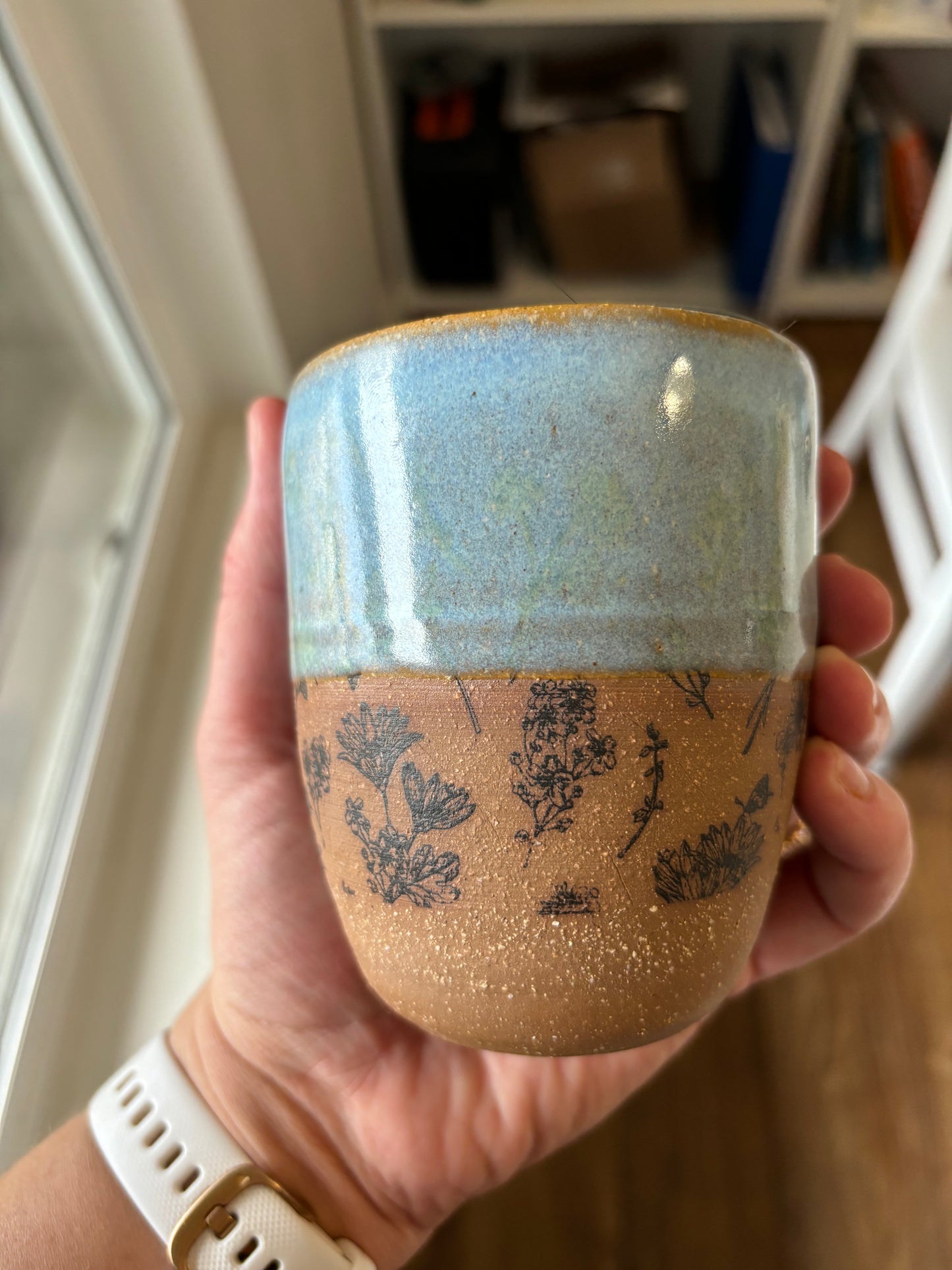 “Flora” Opal Blue Floral Tumbler ~9oz