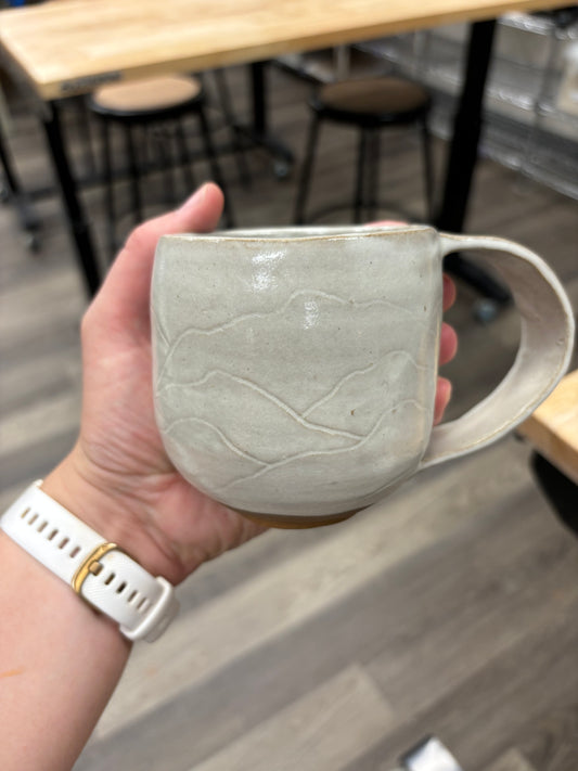 “Estes” Matte White Carved Mountain Mug ~10oz